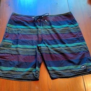 O'Neill Santa Cruz Board Shorts, Size 40, Black w/ green,red and yellow stripe